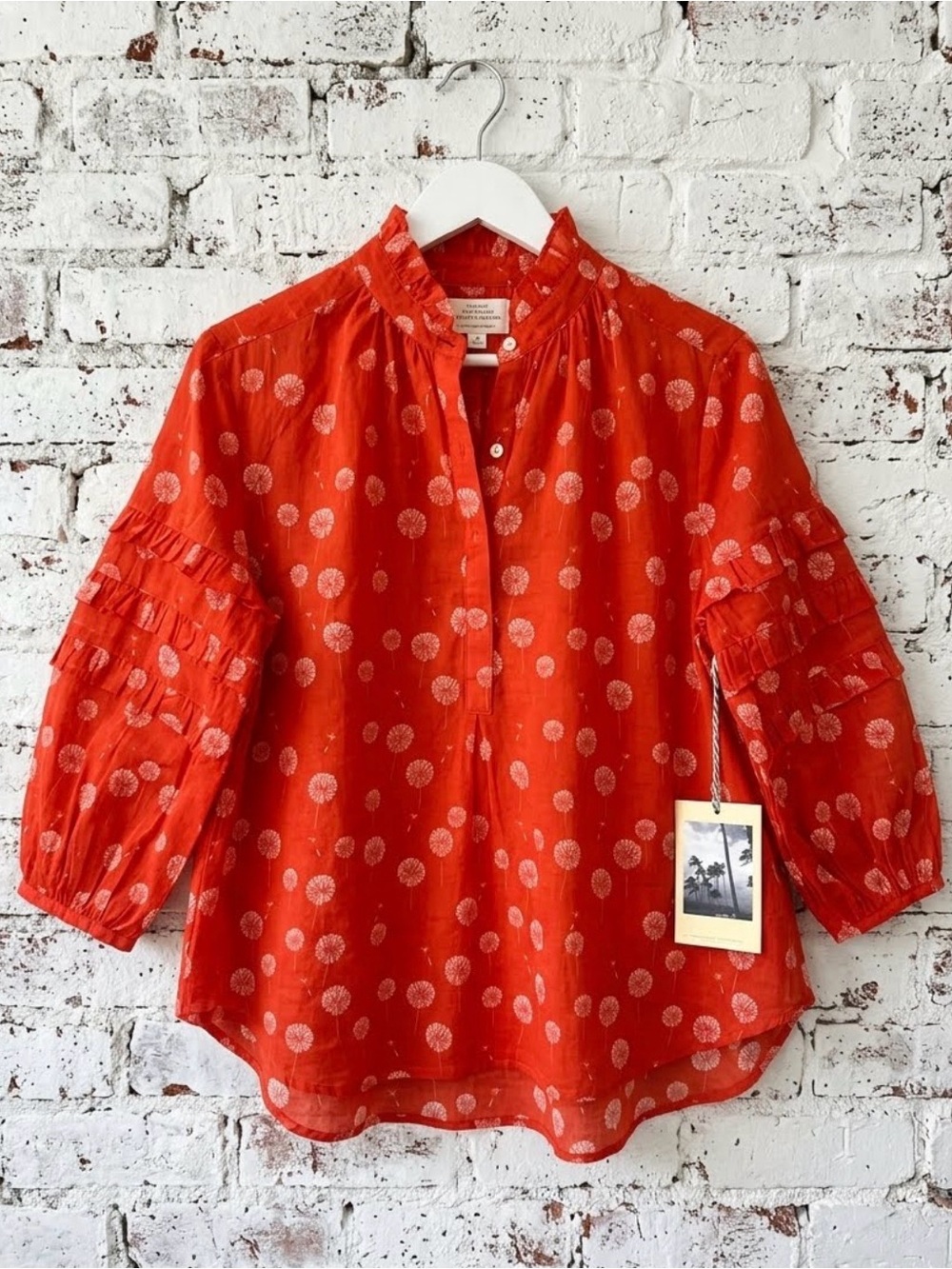 Trovata Birds of Paradis Red Dandelion Print Cotton Blend Blouse Ruffle XS $258